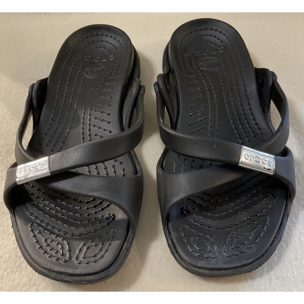 Crocs cross over slip on rubber ortho washable sandals Black With Metal Accent